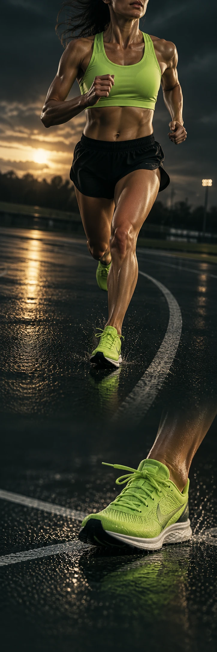 Cinematic running campaign: adult female athlete midstride on a dark rain-slick running track at dawn, cropped face, lime green sports vest, dramatic flash side lighting, athletic energy. Continuous charcoal track flows into lower scene of lime running shoe and tied laces near white track mark. Dark charcoal quiet zones with subtle light, premium real sports editorial.