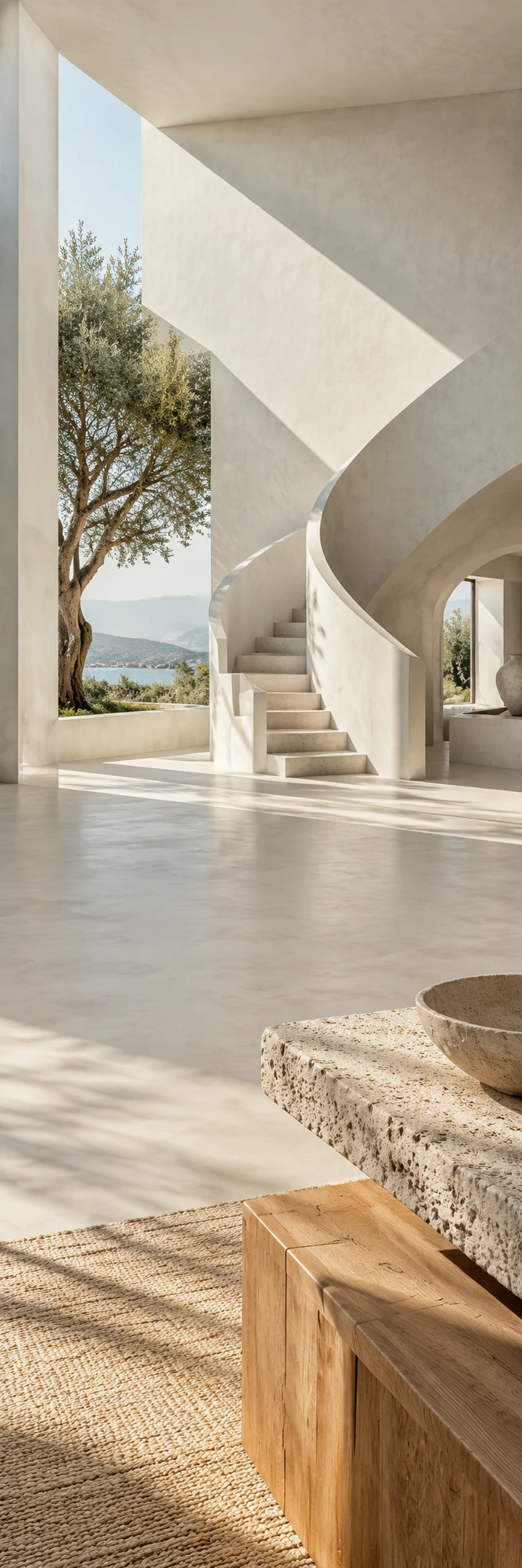 Architectural editorial of a sculptural white concrete house: a high window casts a huge geometrical shadow across chalky wall, curved stair, one olive tree visible through an opening. One continuous building perspective flowing vertically; lower material close-up pale oak and textured limestone. Vast soft grey white quiet surfaces, precise sophisticated architectural photograph.