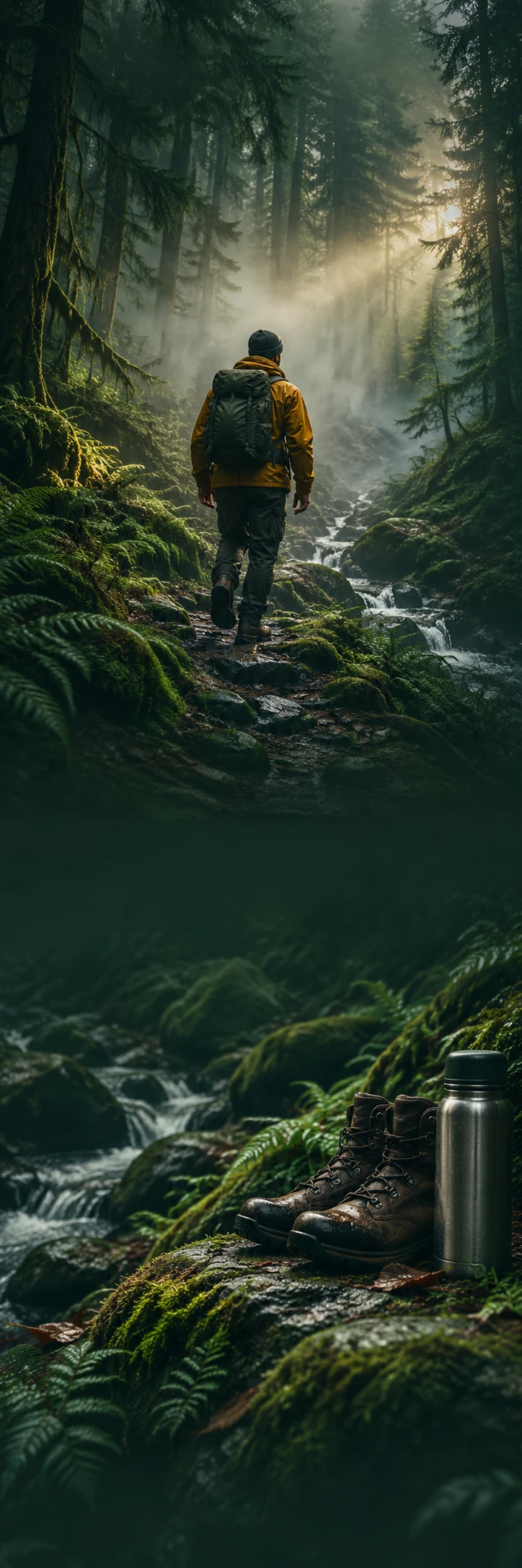 Atmospheric outdoor campaign: lone adult hiker in ochre waterproof jacket on a narrow dark green forest path, mist between huge pines, wet moss and leaves, cinematic depth, horizontal shaft of early light. Lower scene hiking boots on a mossy rock beside a steel flask. All quiet zones very dark forest green, filmic tactile wilderness, no text on equipment.