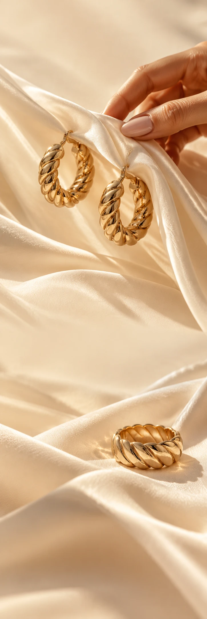 Sculptural luxury jewellery campaign: gold twisted hoop earrings suspended on flowing ivory silk, sharp golden sunlight and rich natural shadows, one adult woman's hand entering elegantly from right. Lower scene one gold ring on the same fabric fold, champagne light, macro brushed metal texture. Quiet zones pale warm ivory, understated sensual editorial.