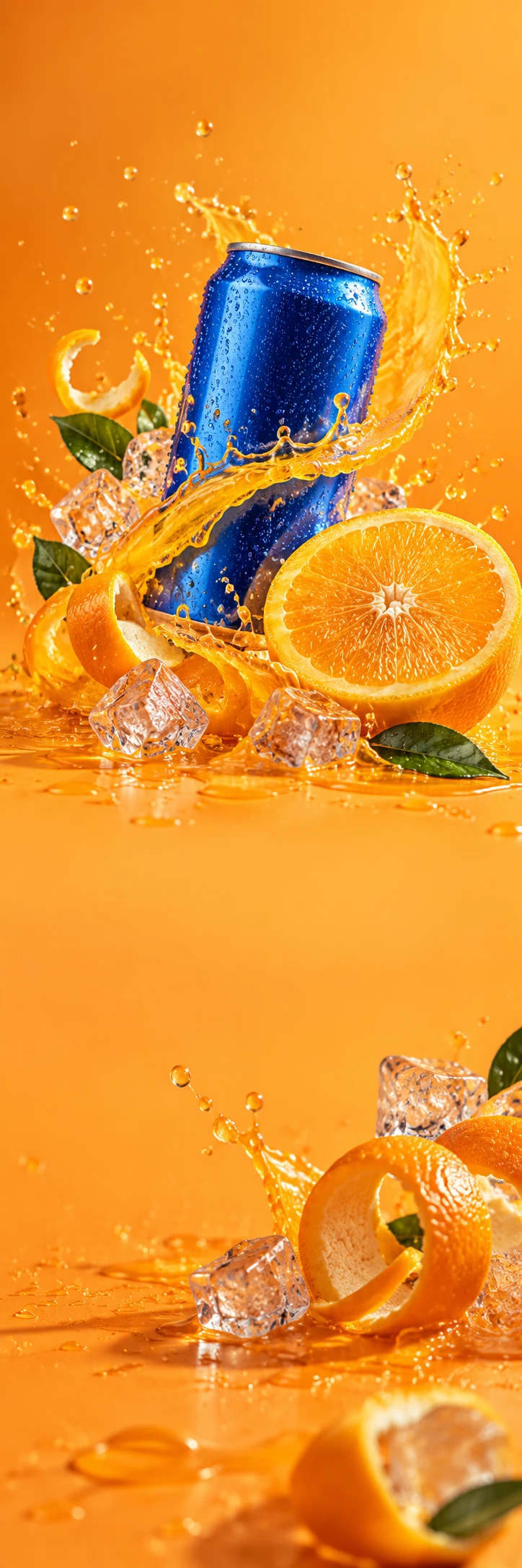 Energetic premium citrus soda photography: unlettered cobalt aluminium can caught in a twisting bright orange juice splash, giant juicy orange half, sharp sun and wet condensation. Background hot orange, cream quiet zones are real orange painted studio surface. Lower scene citrus peels and ice cubes in a spiral. Joyful surreal physically convincing campaign, no letters.