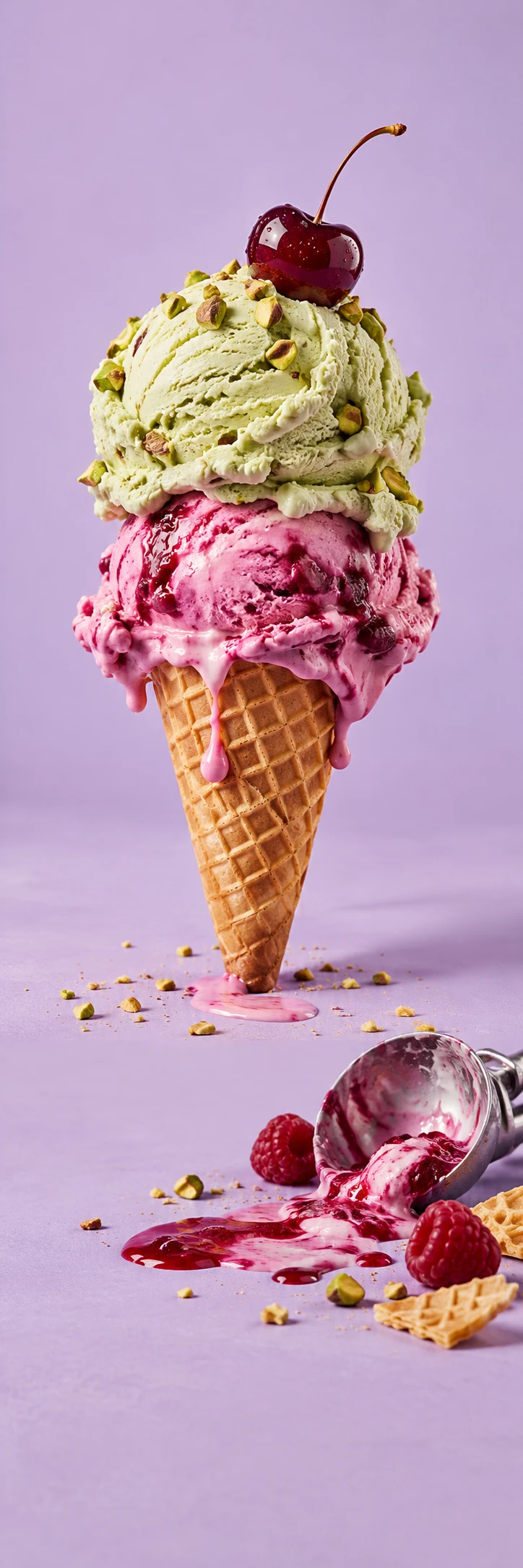Playful ice cream art direction: huge sculptural stack of pistachio and raspberry ice cream in a waffle cone, a glossy dark cherry balancing on top, lavender studio, delicious handmade texture. Lower scene melted raspberry ribbon and silver scoop on lilac surface with a small cone fragment. Calm pastel lavender quiet zones, high-end food editorial, unexpected charming scale.