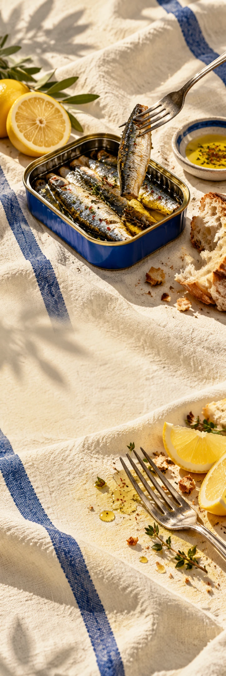 Top-down chic Mediterranean sardine lunch: open unbranded blue sardine tin, fork lifting a fish, lemon, torn sourdough and a little olive oil on pale ivory linen with one cobalt stripe. Continuous sunlit cloth drapes down entire composition. Lower scene close-up silver fork, lemon wedges and bread crumbs. Quiet zones pale cream cloth, luxurious real bistro photography, no words.