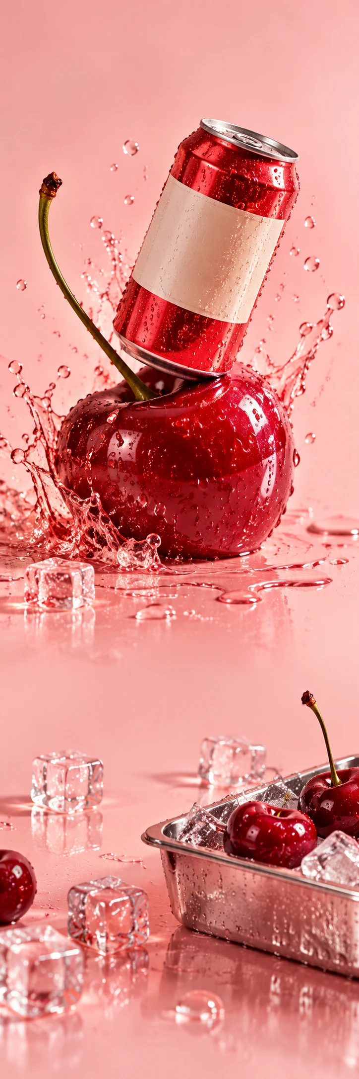 Hyper playful cherry soda still life: silver-topped cherry red can with simple blank cream label balancing diagonally on an enormous pink cherry, crisp soda splash, tiny beads, bright red lacquer. Lower scene chrome ice cube tray with two cherries and condensation, same pink surface. Quiet zones blush light pink, delicious glossy saturated cherry energy, high-end advertising photography.