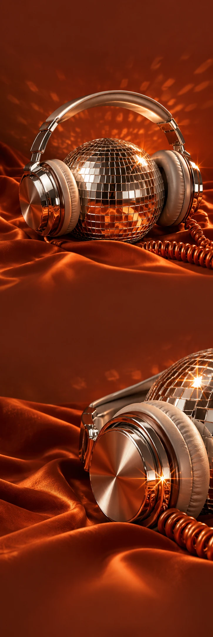 Premium retro-futurist audio still life: mirror silver over-ear headphones curling around a chrome disco ball on vibrant burnt orange satin, sharp starlike specular highlights and giant dimensional curved orange wire. Lower scene a close-up headphone earcup and reflected chrome ball. Continuous dark warm burnt orange quiet areas, sophisticated music magazine photography, no text or logos.
