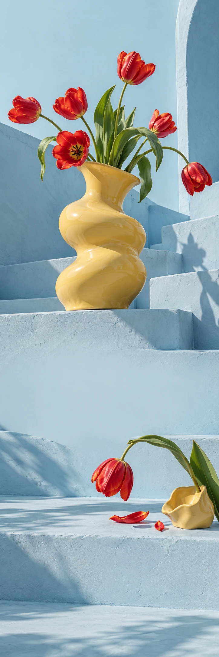 Witty Dutch design still life: a giant buttery yellow sculptural crooked ceramic vase with wonderfully curving red tulips on sky blue plaster steps, hard architectural shadows, tilted playful perspective. Lower scene one red tulip curling down into a small yellow ceramic fragment on same blue ground. Calm very pale powder blue quiet zones, premium gallery photography, no letters.
