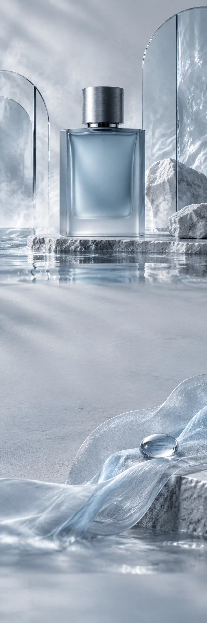 Artistic cool fragrance still life: frosted smoky blue rectangular perfume bottle with large brushed silver cap and blank label among translucent glass arches, soft atmospheric mist and pale slate concrete, unexpected real glass refraction. Lower detail pale blue smoke-like folded organza with a water droplet. Continuous very pale blue-grey photographic world, quiet spaces, luxurious precise lighting.