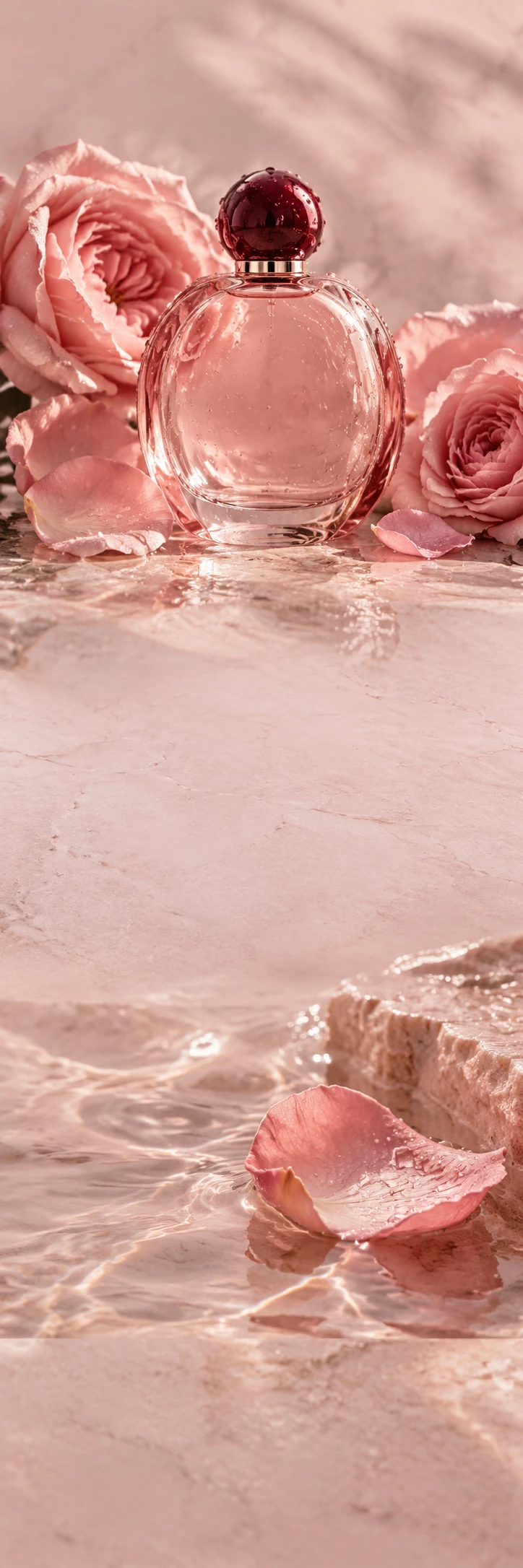Romantic modern rose fragrance photograph: pale pink oval glass perfume bottle with small burgundy round cap and unlettered label in oversized rain-wet rose petals, tiny water droplets, beautiful pale blush stone and soft mauve sunlight. Lower scene a curled rose petal floating in a shallow water pool on same pale pink stone. Calm blush quiet spaces, tactile nature, editorial not wedding kitsch.
