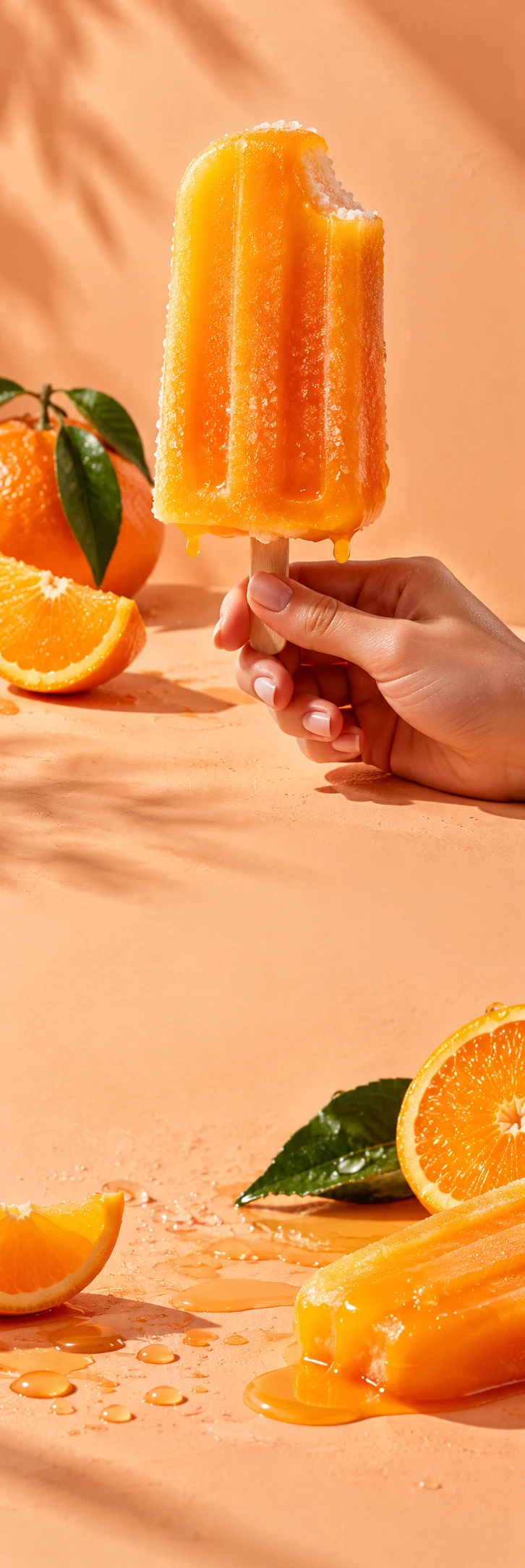Playful Italian fruit ice pop advertising: oversized mandarin-orange ice lolly held by an adult hand with a small real bite, juicy orange slices and glossy melting droplets, pale apricot painted studio surface. Secondary lower scene ice pop dripping beside half an orange and green leaf. Continuous peach calm copy areas, hard delicious sunlight, macro real food texture.