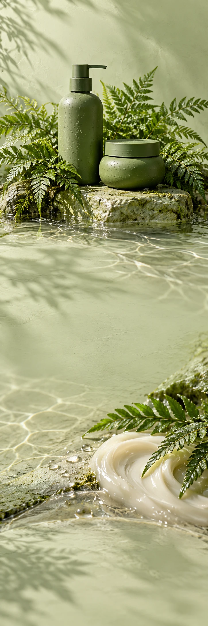 Botanical haircare art direction: large matte moss-green pump bottle and smaller green rounded jar with tiny blank labels nestled in sculptural wet fern fronds, soft pale sage stone and rippling water caustics. Lower macro scene cream shampoo swirl and water droplets among fern leaf tips. Entire continuous pale sage green world, calm empty spaces and authentic tactile beauty photograph.