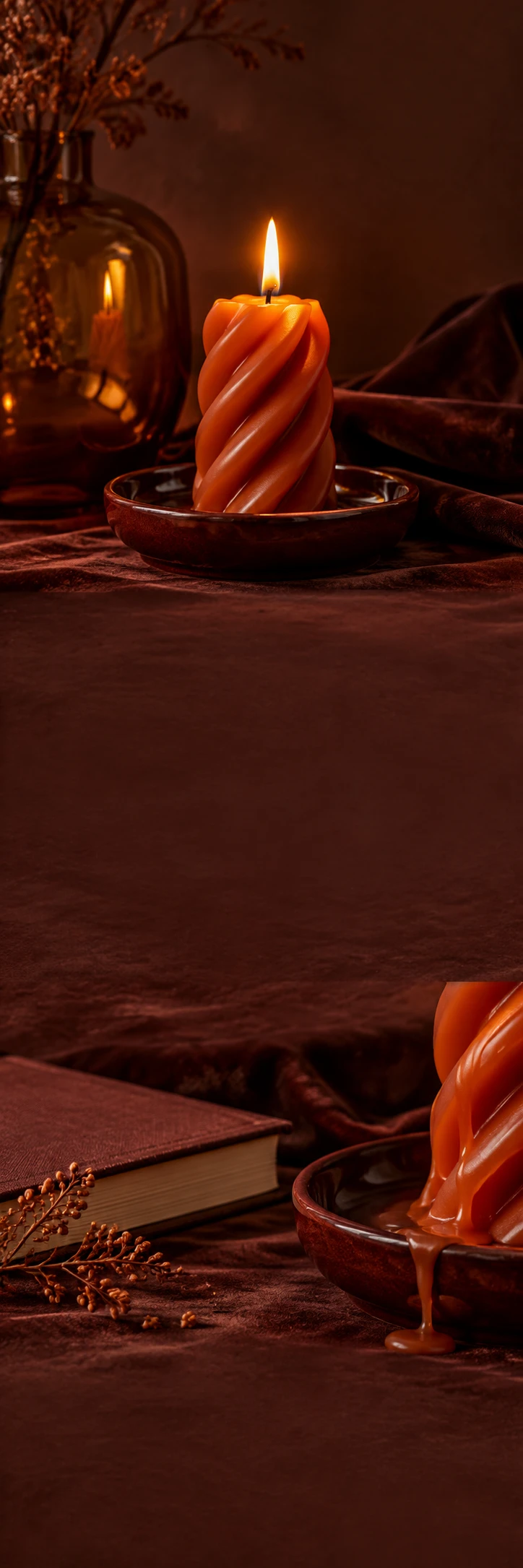 Cinematic cosy candle design still life: sculptural burnt orange spiral candle burning on a small dark red ceramic dish, warm flame reflected in amber glass, deep chocolate velvet and a softly glowing wall. Secondary lower scene wax drip, closed unprinted book and edge of same ceramic dish. Continuous very dark warm oxblood quiet spaces, tactile editorial photograph, rich warm fall atmosphere.